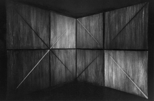 48 CARLO BERNARDINI, VIRTUAL SURFACES WITH LIGHT-SHADE LINES 1996 Acrylic and phosphorous on boards, feet h 10 (h.) x 19 (dark vision), XII National Quadriennial Art Exhibition of Rome, Palazzo delle Esposizioni.