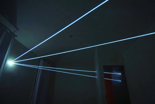 26 CARLO BERNARDINI, SPACE INTERRELATIONS 2008, Fiber optic installation, feet h 11x25x35; Rivara (TO) Castello di Rivara.