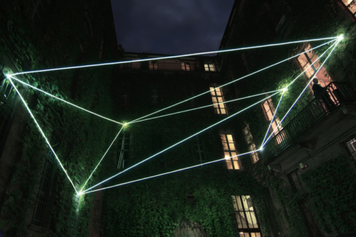 13 Carlo Bernardini, Suspended Crystallization 2010; optic fibers installation, feet h (from ground) 35x41x47. Luci d'Artista 2010, Turin XIII edizione, Palazzo Bertalazone di San Fermo XVII sec.