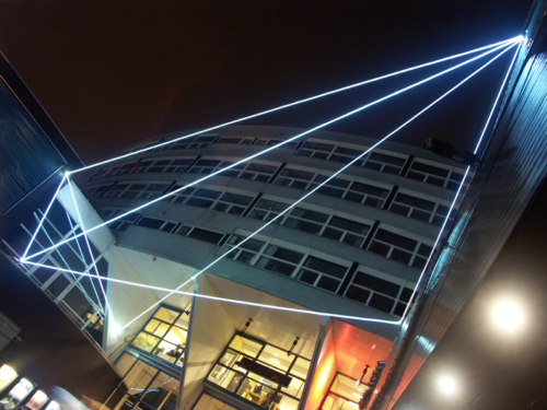 20 Carlo Bernardini, Space Interrelations 2010, optic fibers installation, feet h (from ground) 55x66x47; Theater ah Spui, Spuiplein, Todaysart, The Hague.