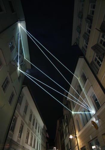 49 Carlo Bernardini, Raumzeichnung mit Licht 2010; optic fibers installation, feet h (from ground)58x25x44. Via Dr. Streiter, Bolzano.