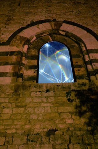 The Light Walk, 2014Environmental installation, electroluminescent cable, optic fibers, olf - optical lighting film, glass, feet h 47 x 660 x 11.Prato, Castello dell’Imperatore, Cassero Medioevale.