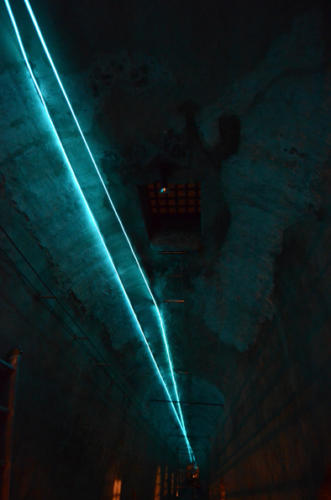 The Light Walk, 2014Environmental installation, electroluminescent cable, optic fibers, olf - optical lighting film, glass, feet h 47 x 660 x 11.Prato, Castello dell’Imperatore, Cassero Medioevale.