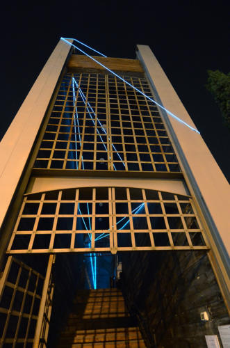 The Light Walk, 2014Environmental installation, electroluminescent cable, optic fibers, olf - optical lighting film, glass, feet h 47 x 660 x 11.Prato, Castello dell’Imperatore, Cassero Medioevale.