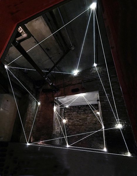 Carlo Bernardini, Invisible dimensions, 2018, Optic fibers installation, mt h 3,5 x 4 x 4. Alte Munze, Berlino